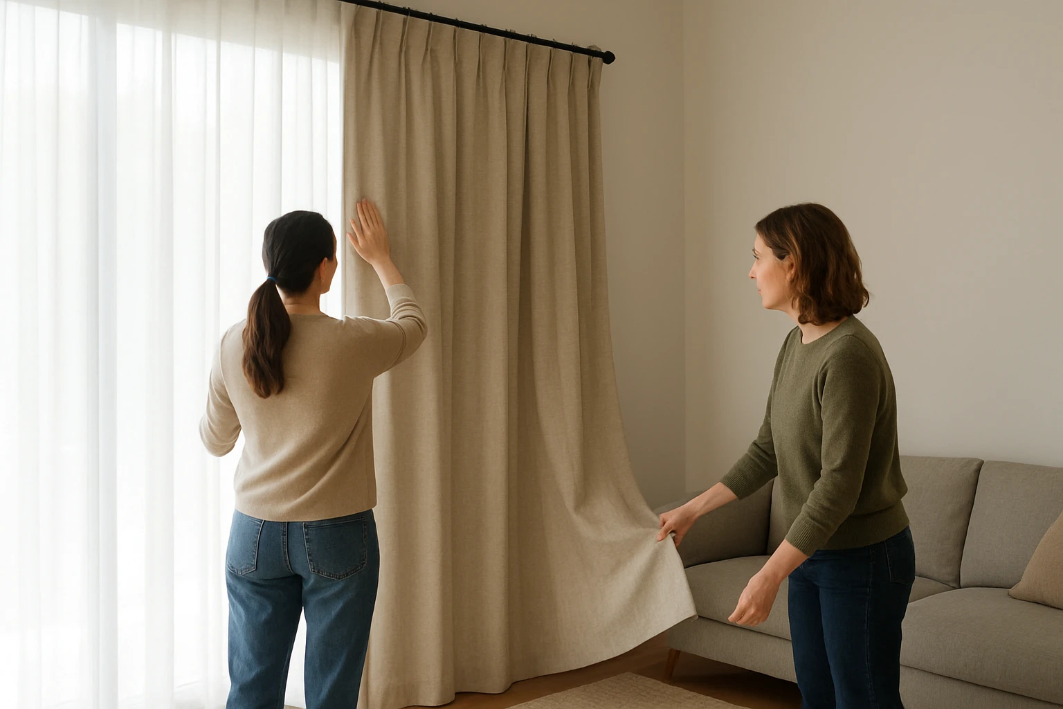 Hang curtains adjusting pleats on panel