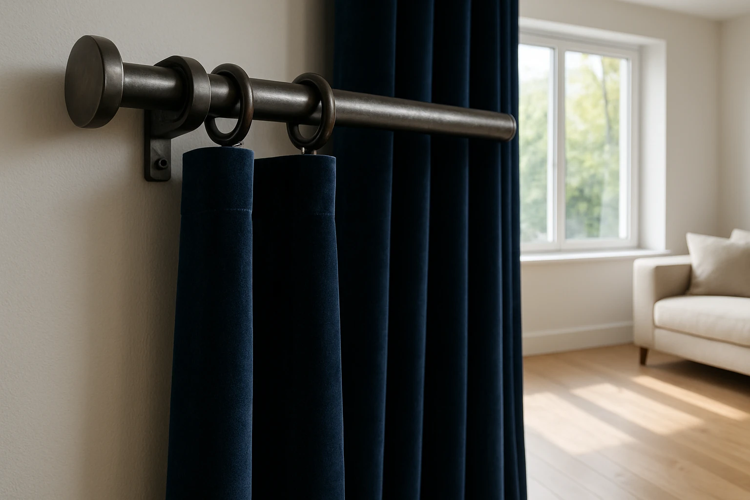 Heavy duty steel curtain rod with velvet curtains