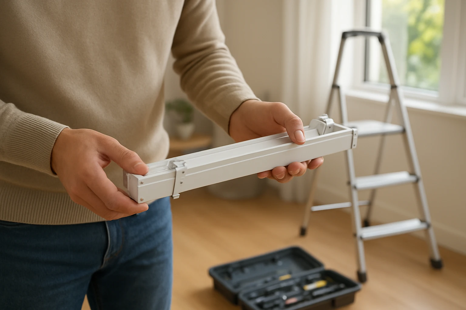 Horizontal blinds being removed in living room