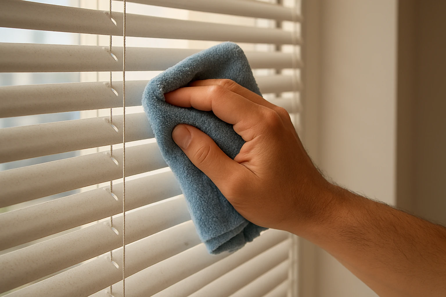 Horizontal blinds dusted with microfiber cloth