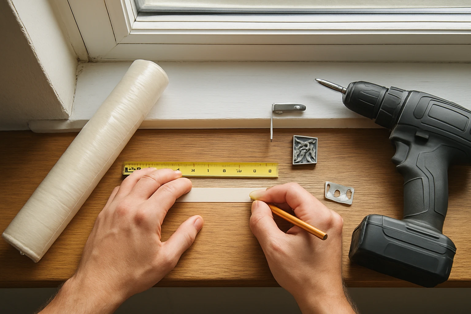 Install blinds, premark brackets with tape