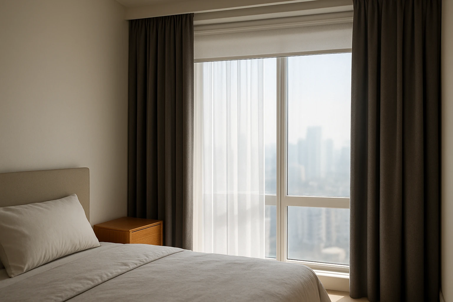 Layered curtains and roller blind
