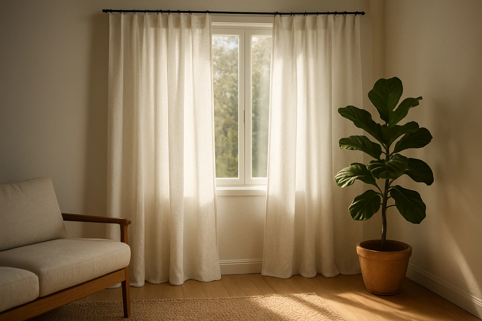 Linen blend panels in sunlit living room