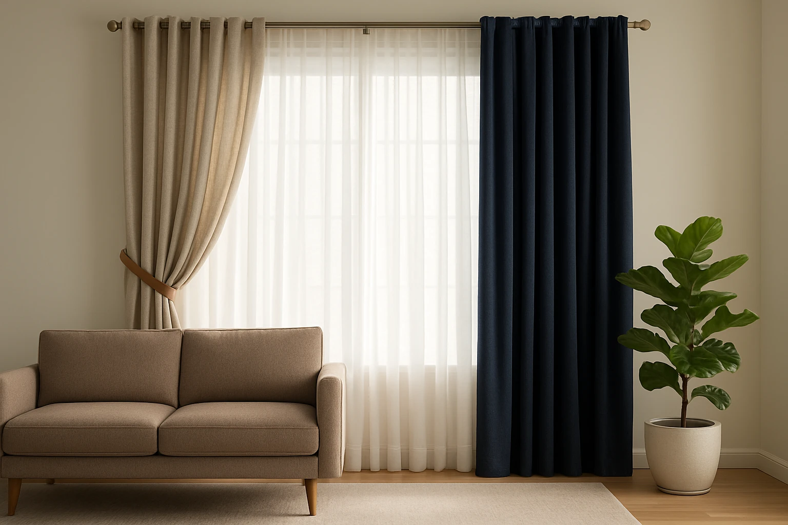 Living room curtains layered with sheers