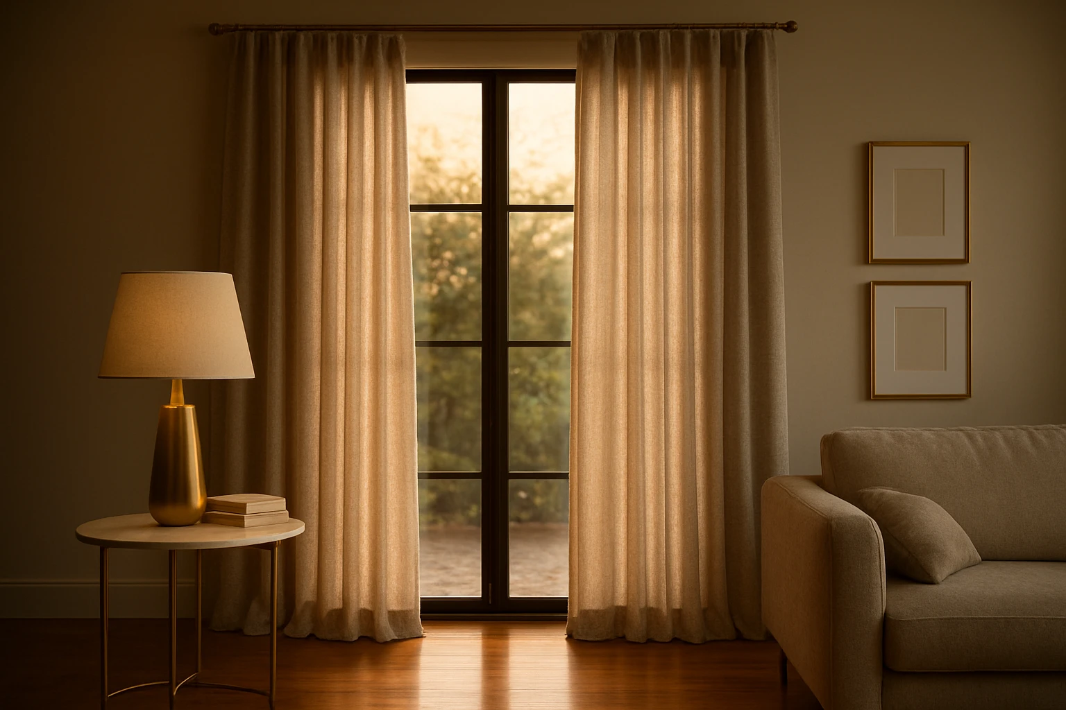 Living room curtains with matching metal hardware