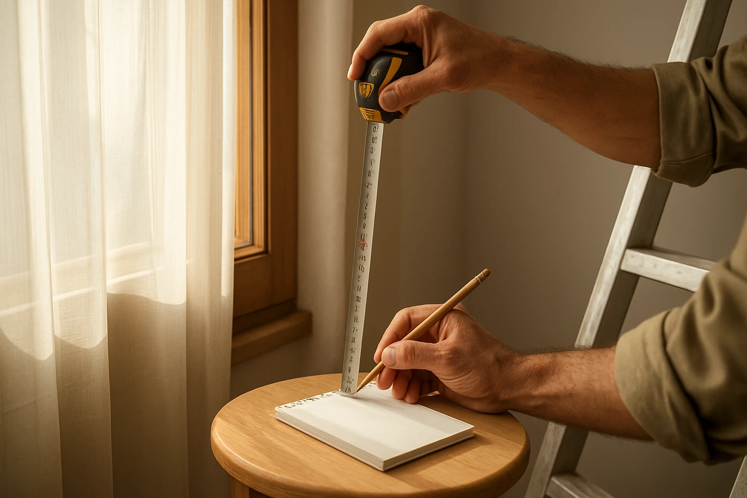 Measuring curtains at a tall window