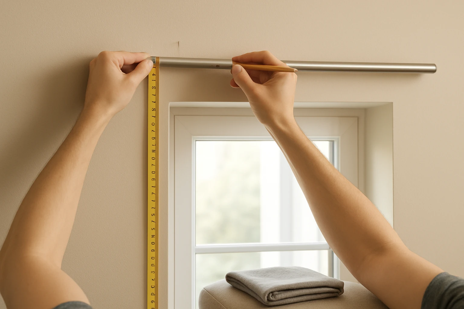 Measuring curtains on beige wall