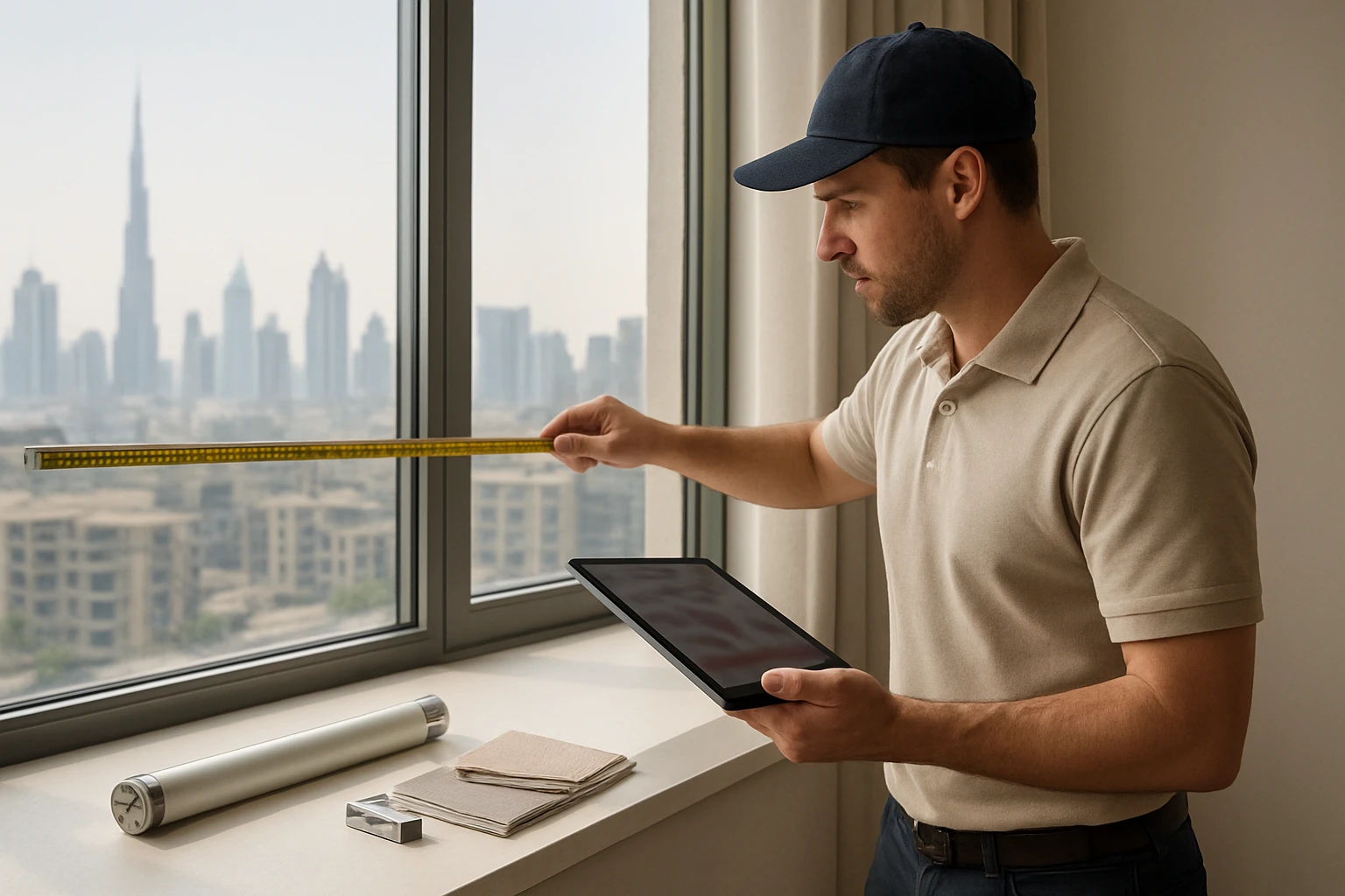 Motorized blinds being measured in living room
