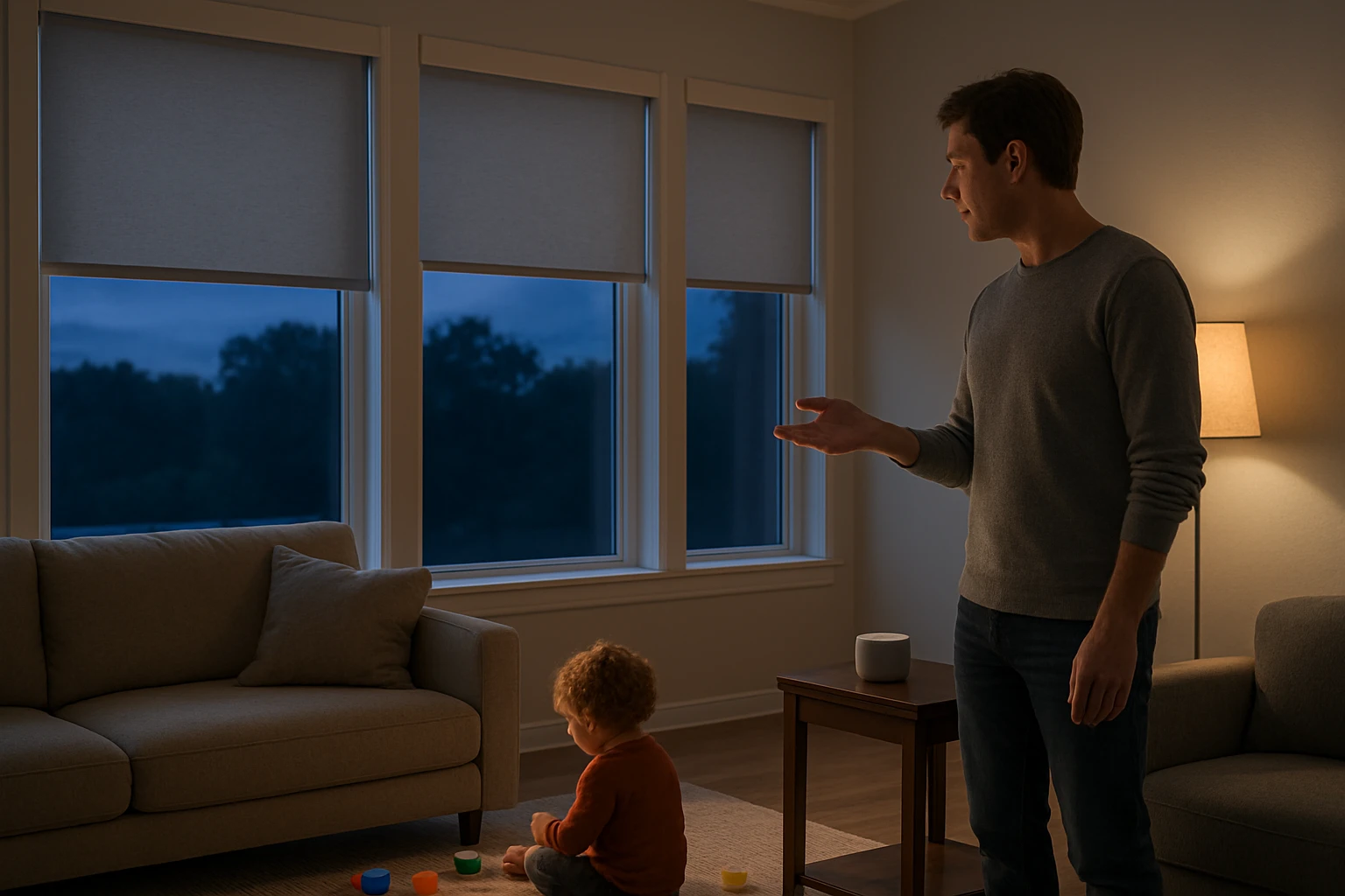 Motorized blinds voice control in living room