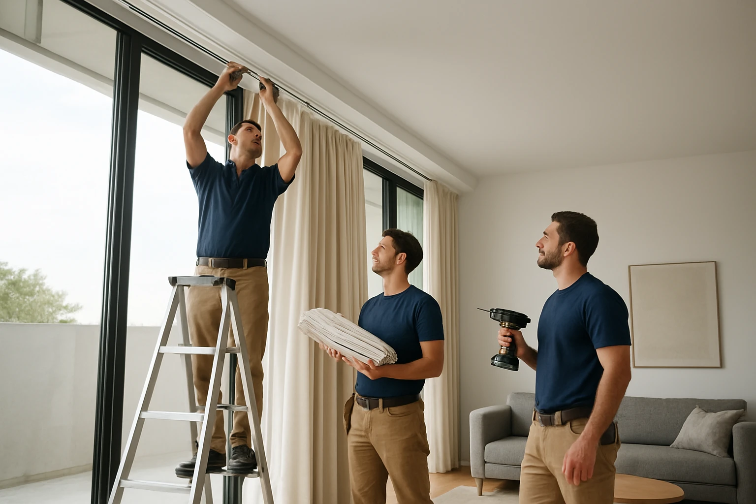 Motorized curtain track installation on high ceiling
