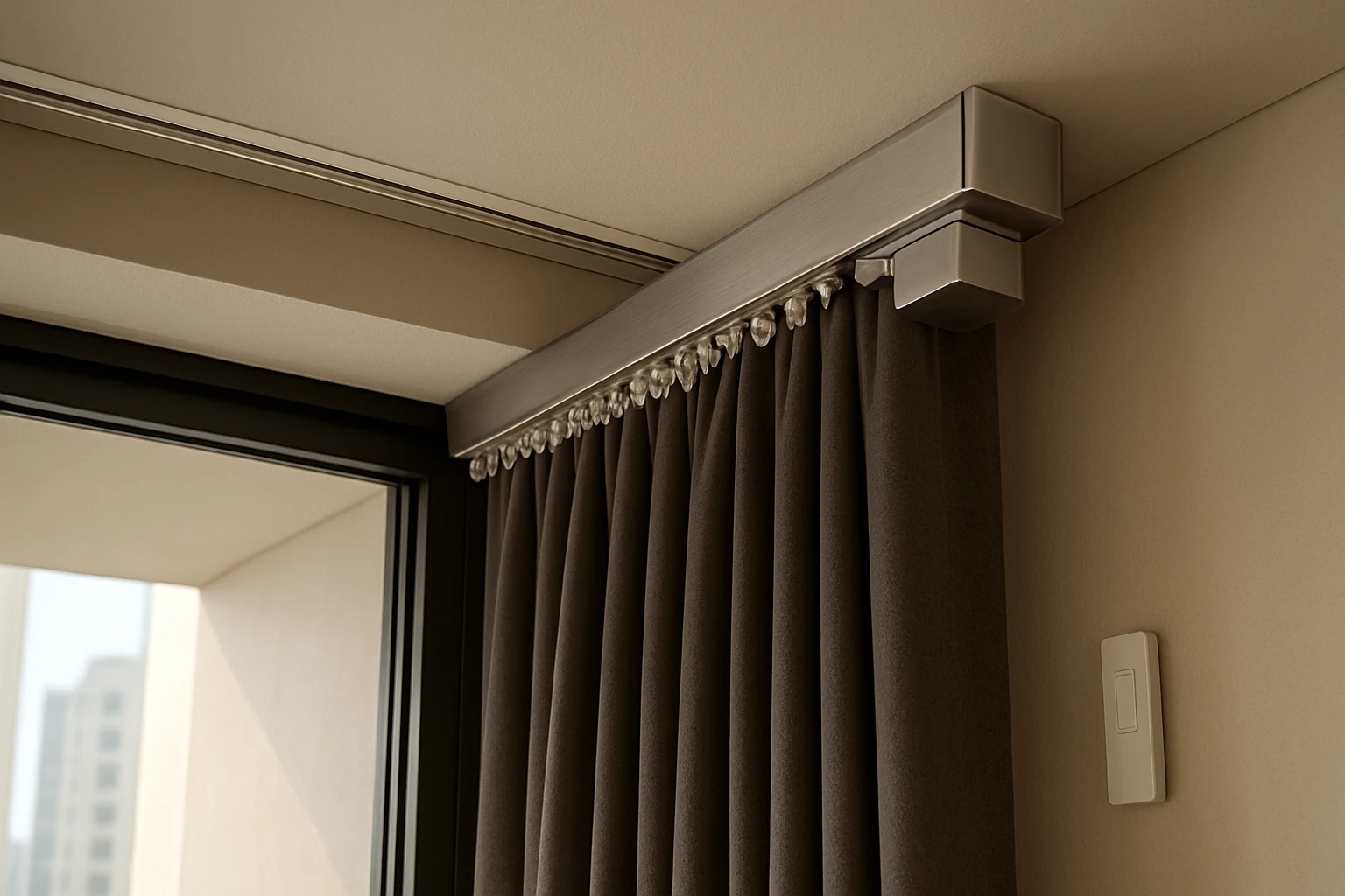 Motorized curtain track with heavy blackout curtains