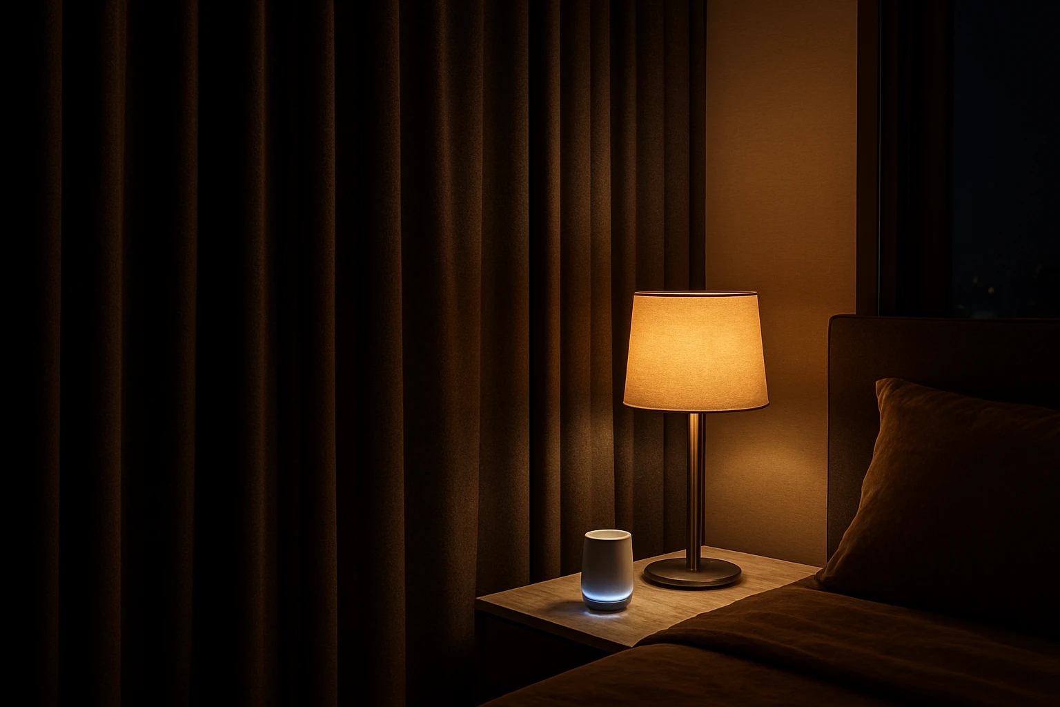 Motorized curtains Dubai penthouse bedroom