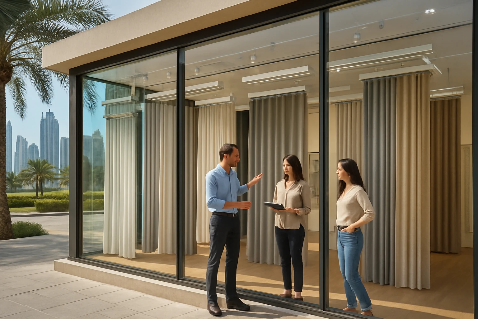 Motorized curtains Dubai showroom exterior