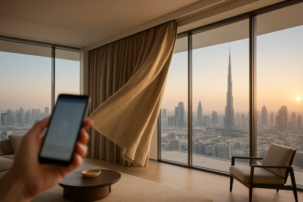Motorized curtains in Dubai highrise living room