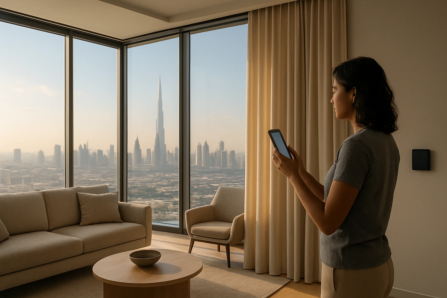 Motorized curtains in Dubai living room