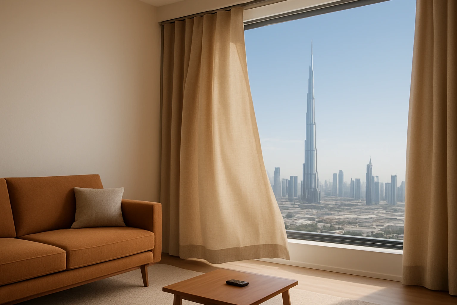 Motorized curtains in modern living room