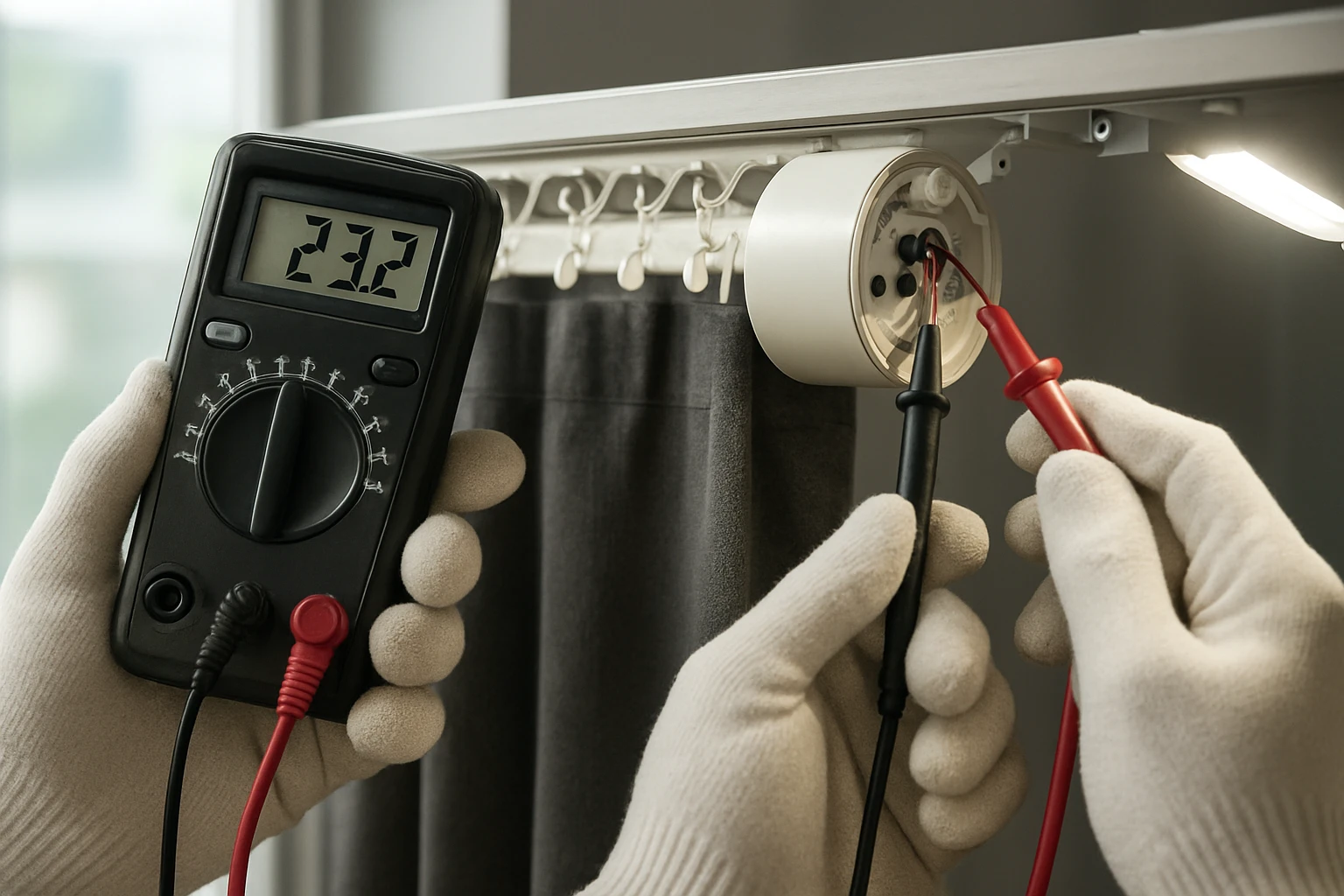 Motorized curtains technician testing motor