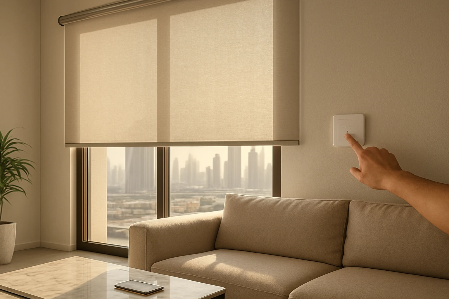 Motorized roller blind in living room