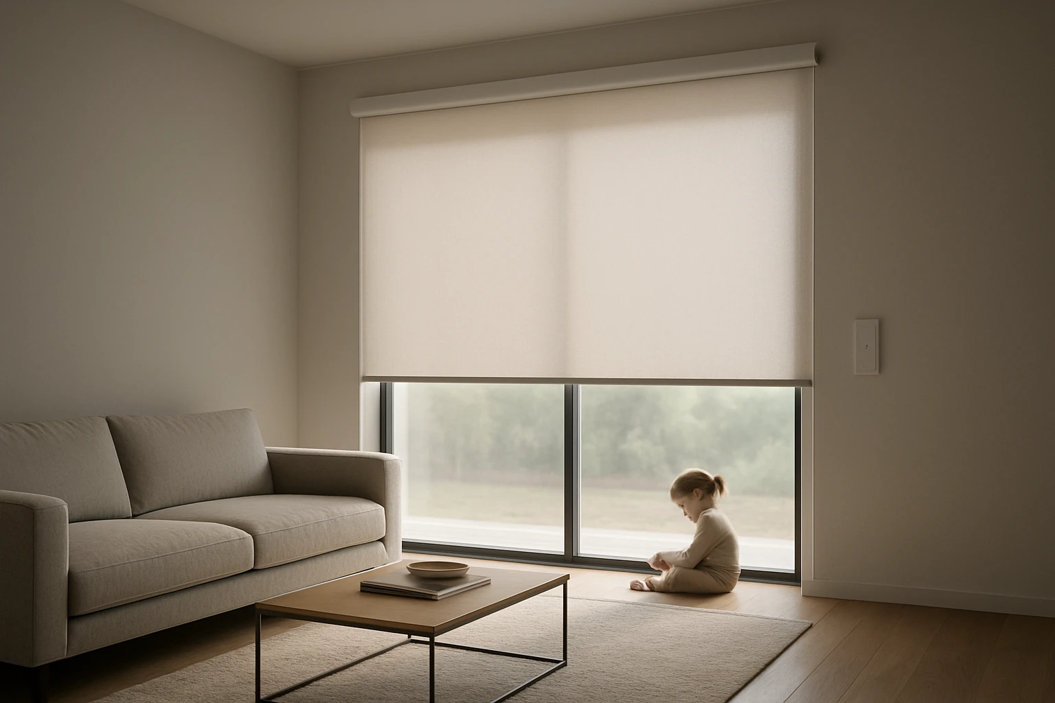 Motorized roller blind lowering in living room