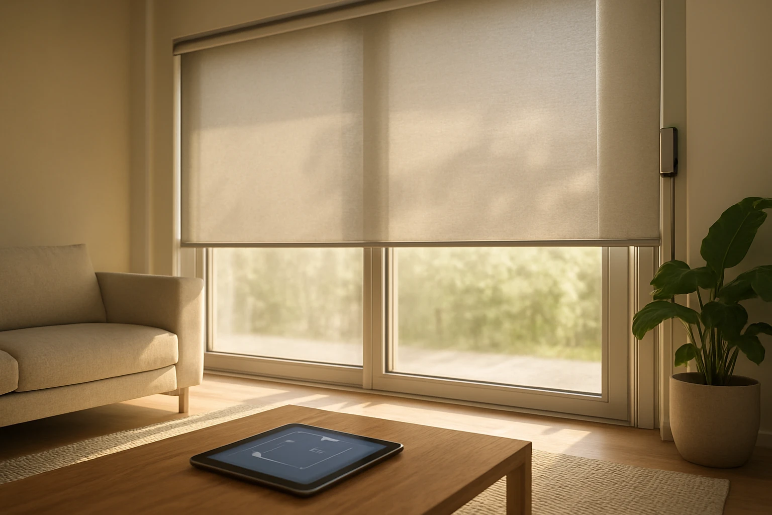 Motorized roller blinds in living room