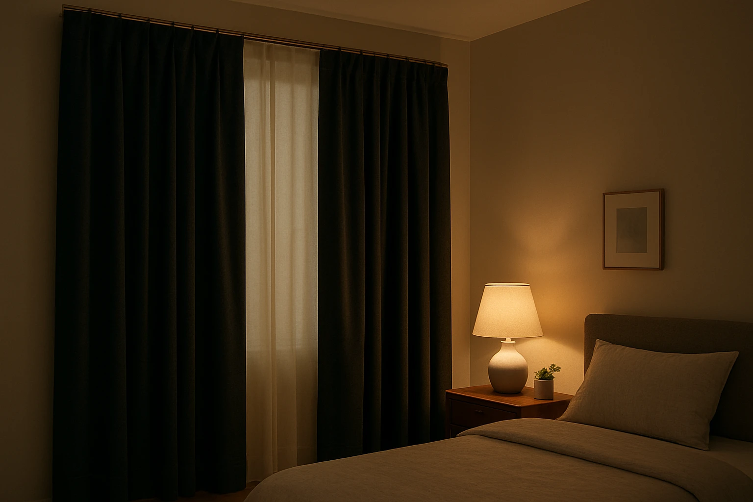 Navy blackout drapes on beige walls