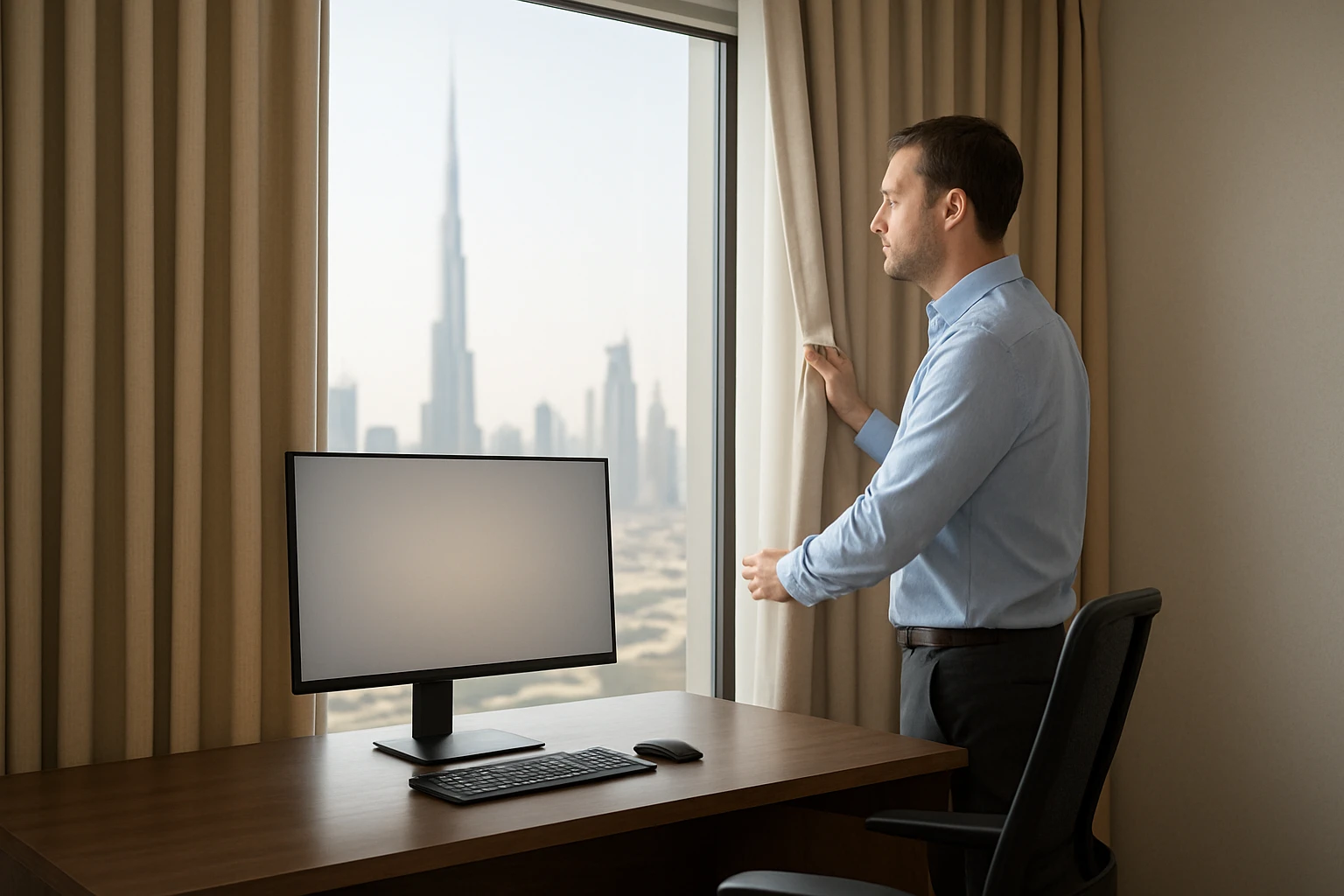 Office curtains reducing glare at workstation