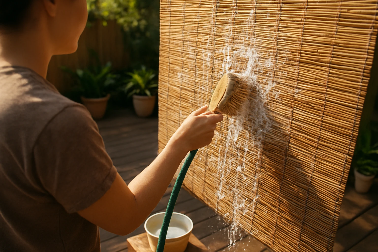 Outdoor bamboo blinds being gently washed