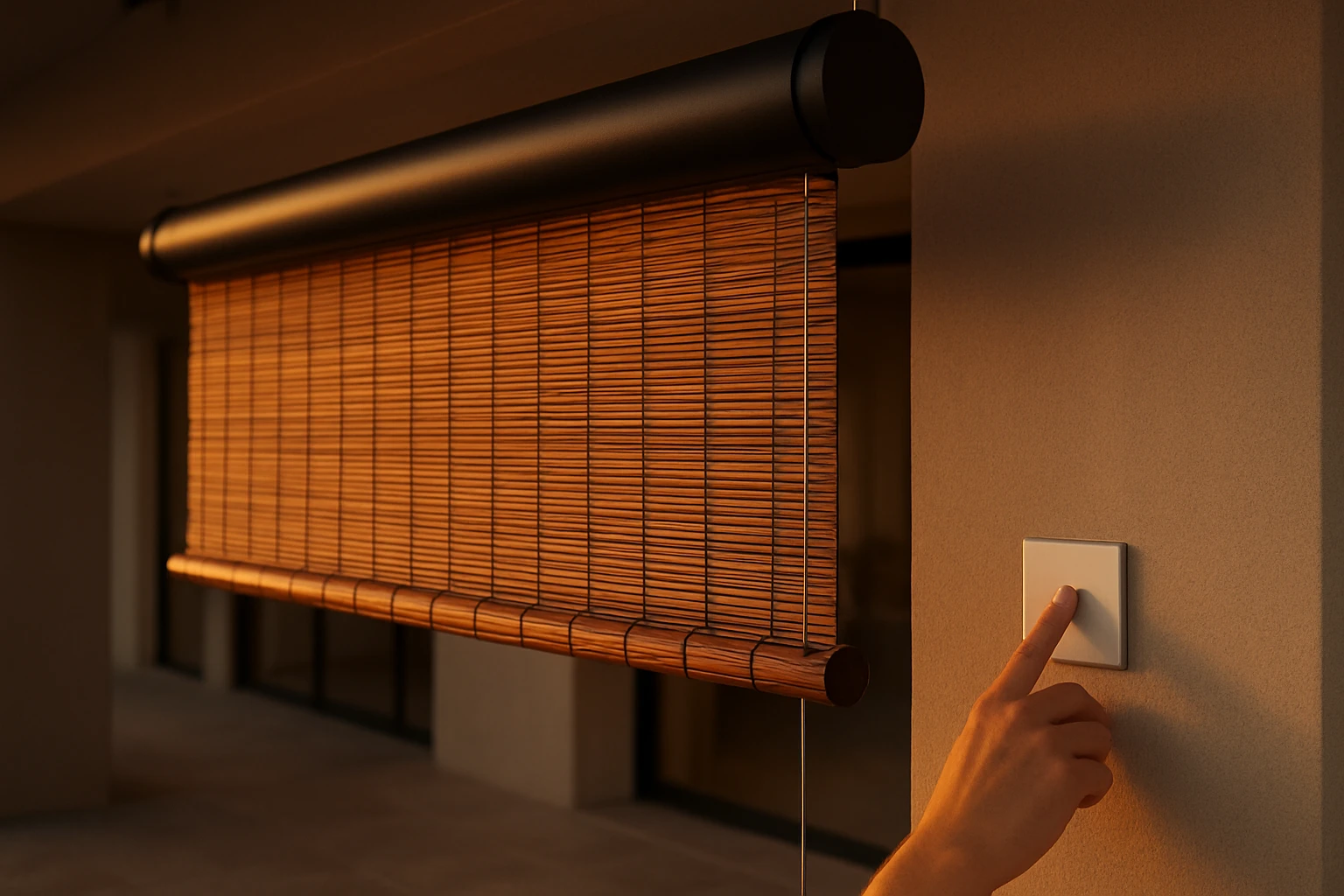 Outdoor bamboo blinds being lowered