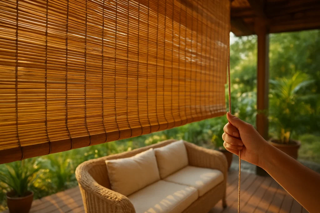 Outdoor bamboo blinds on patio
