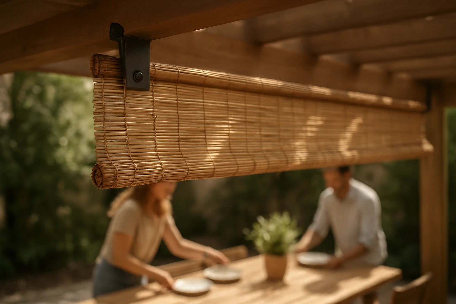 Outdoor bamboo blinds on pergola