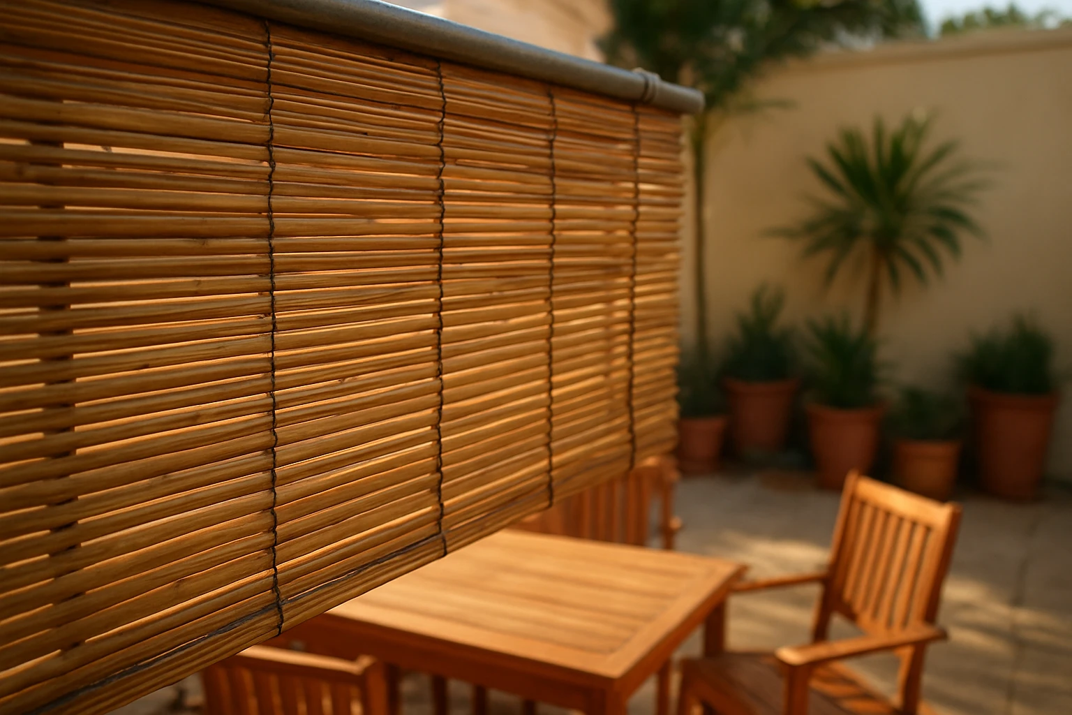 Outdoor bamboo blinds rolled down on patio