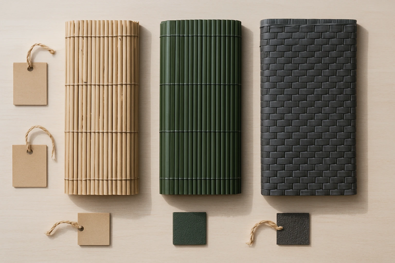 Outdoor bamboo blinds samples on table