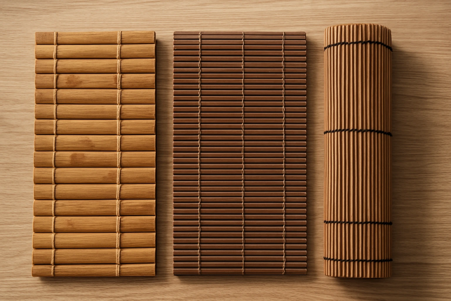 Outdoor bamboo blinds samples on workbench