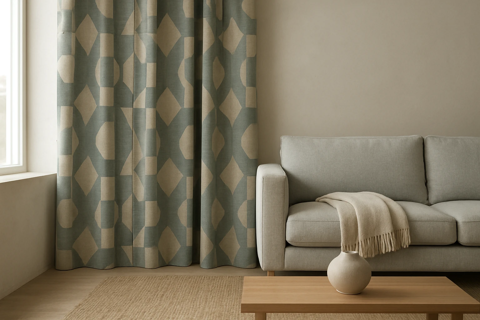 Patterned drapes muted blue and beige