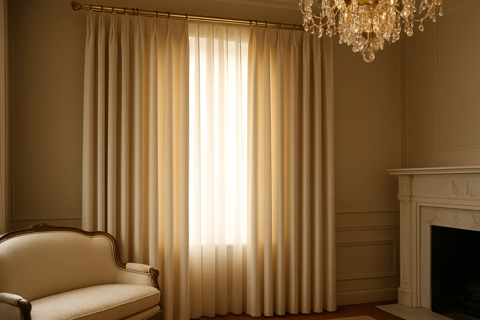 Pinch pleat drapes cream in formal room