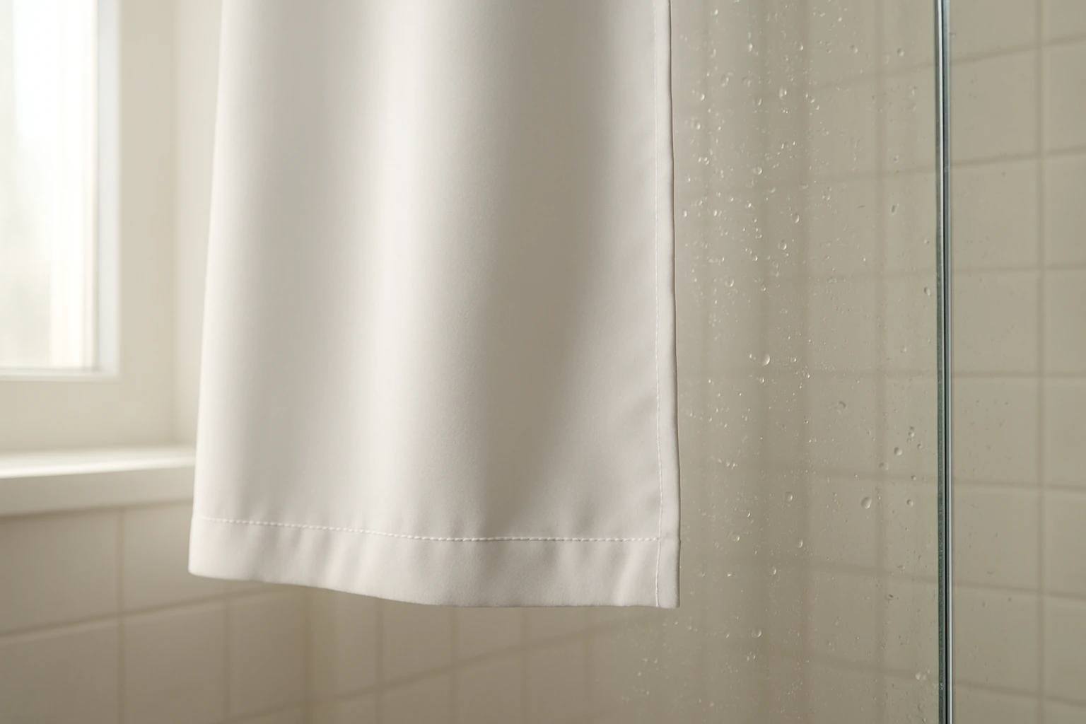 Polyester curtain panel in bathroom
