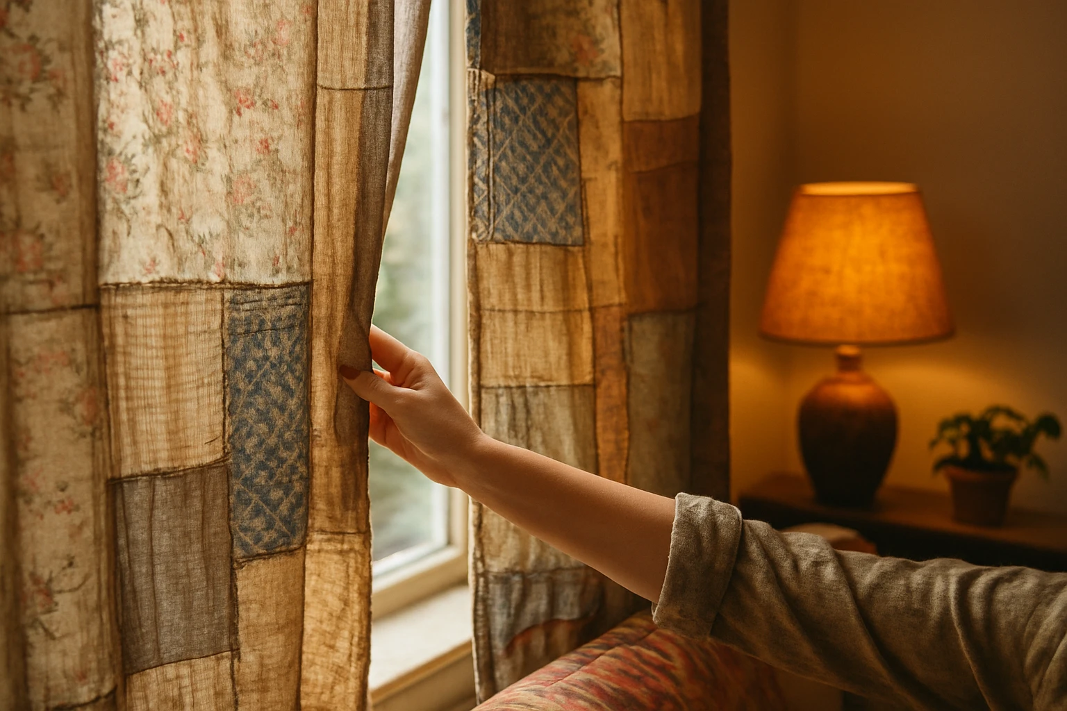 Reclaimed fabric curtains in boho living room