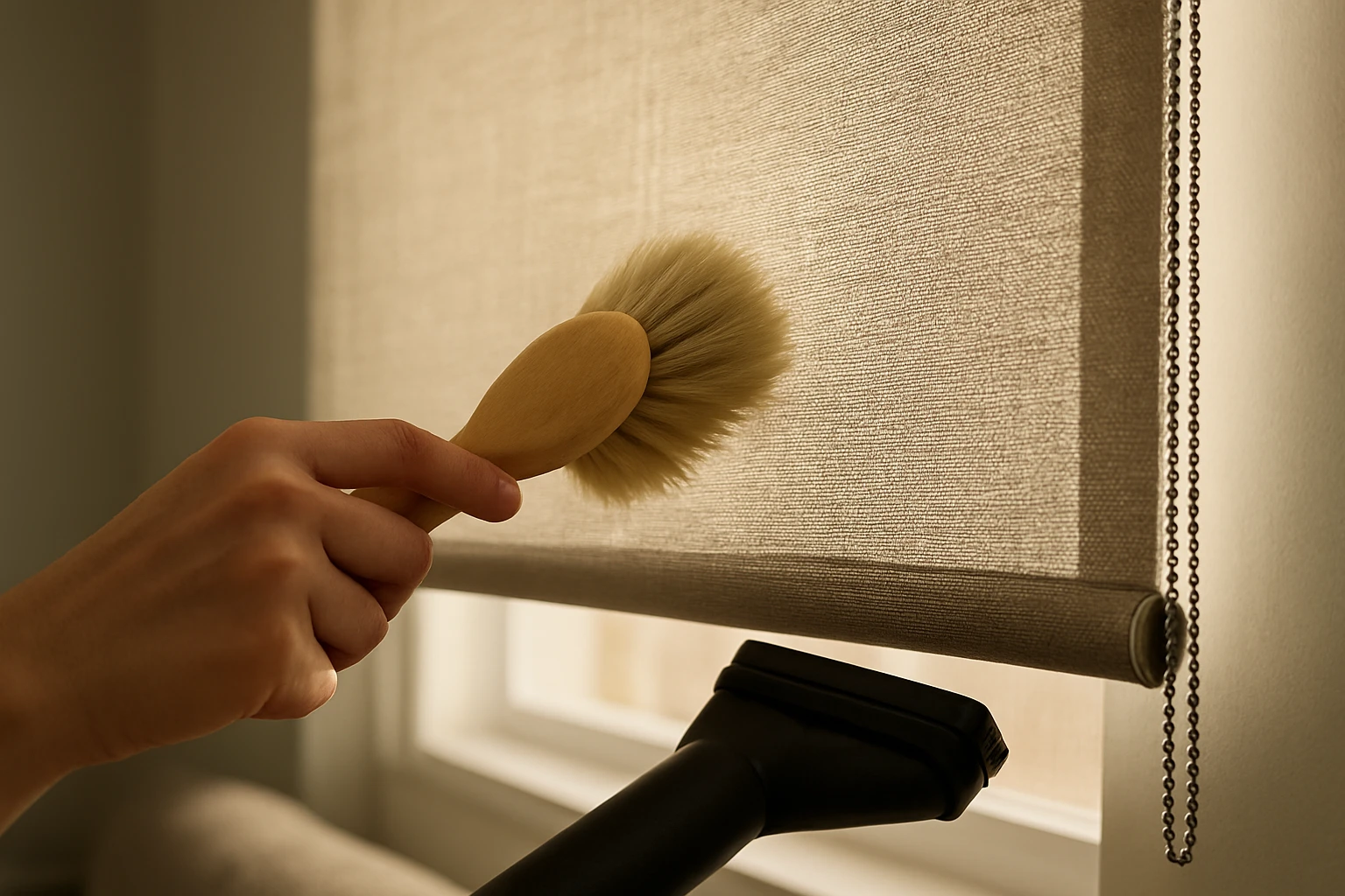 Roller blind being gently dusted
