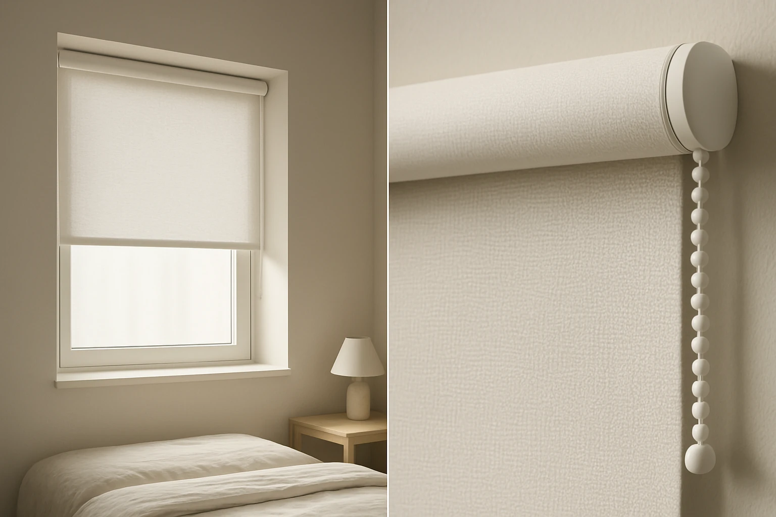 Roller blind in bedroom window recess