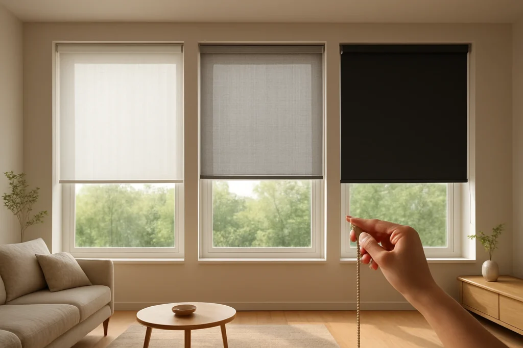 Roller blinds fabric samples on windows