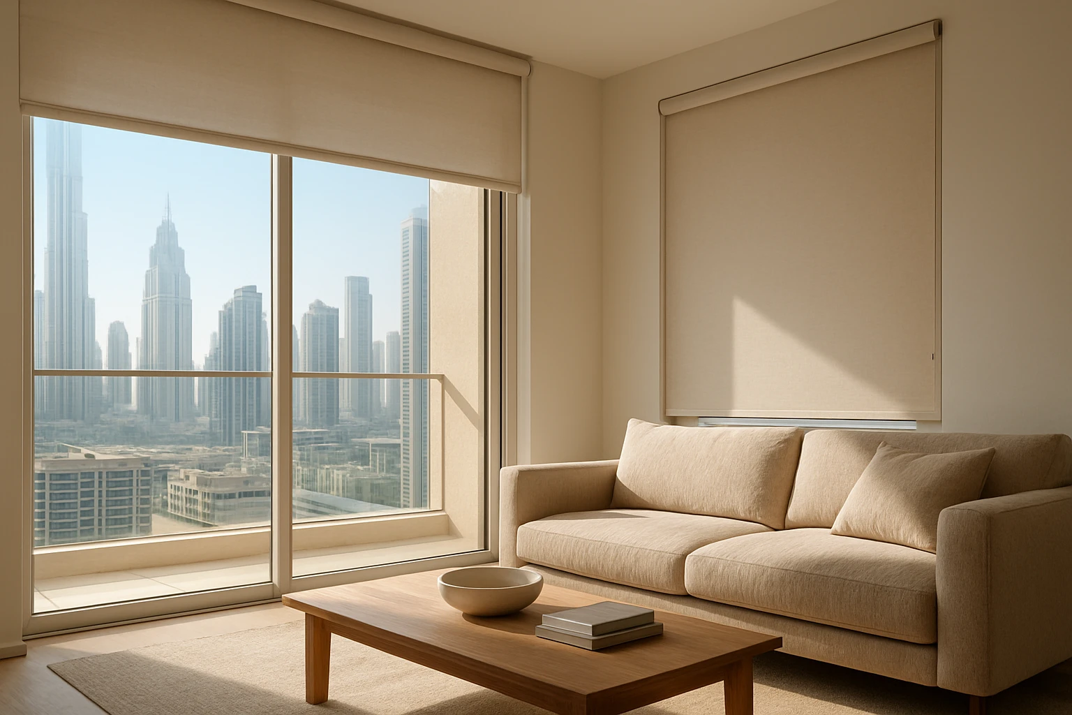 Roller blinds in Dubai apartment living room