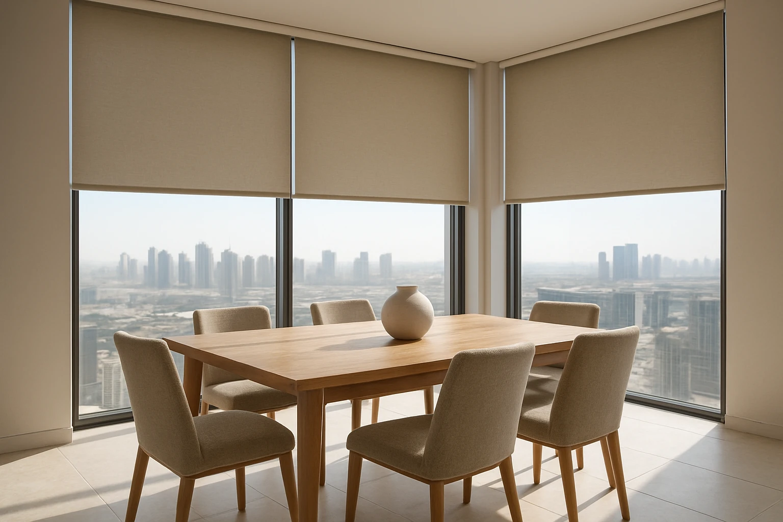 Roller blinds in modern dining room
