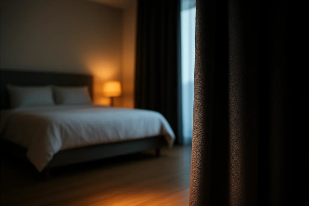 Room darkening curtains half closed window