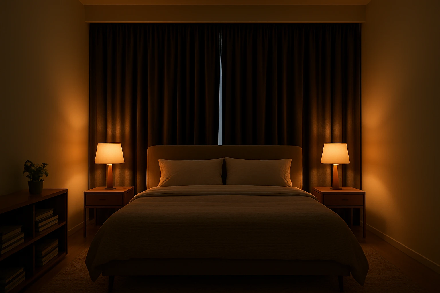 Room darkening curtains in bedroom