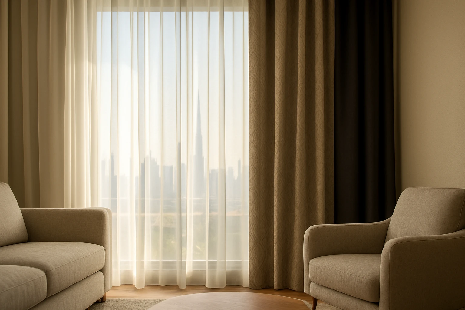 Room darkening curtains layered with sheers