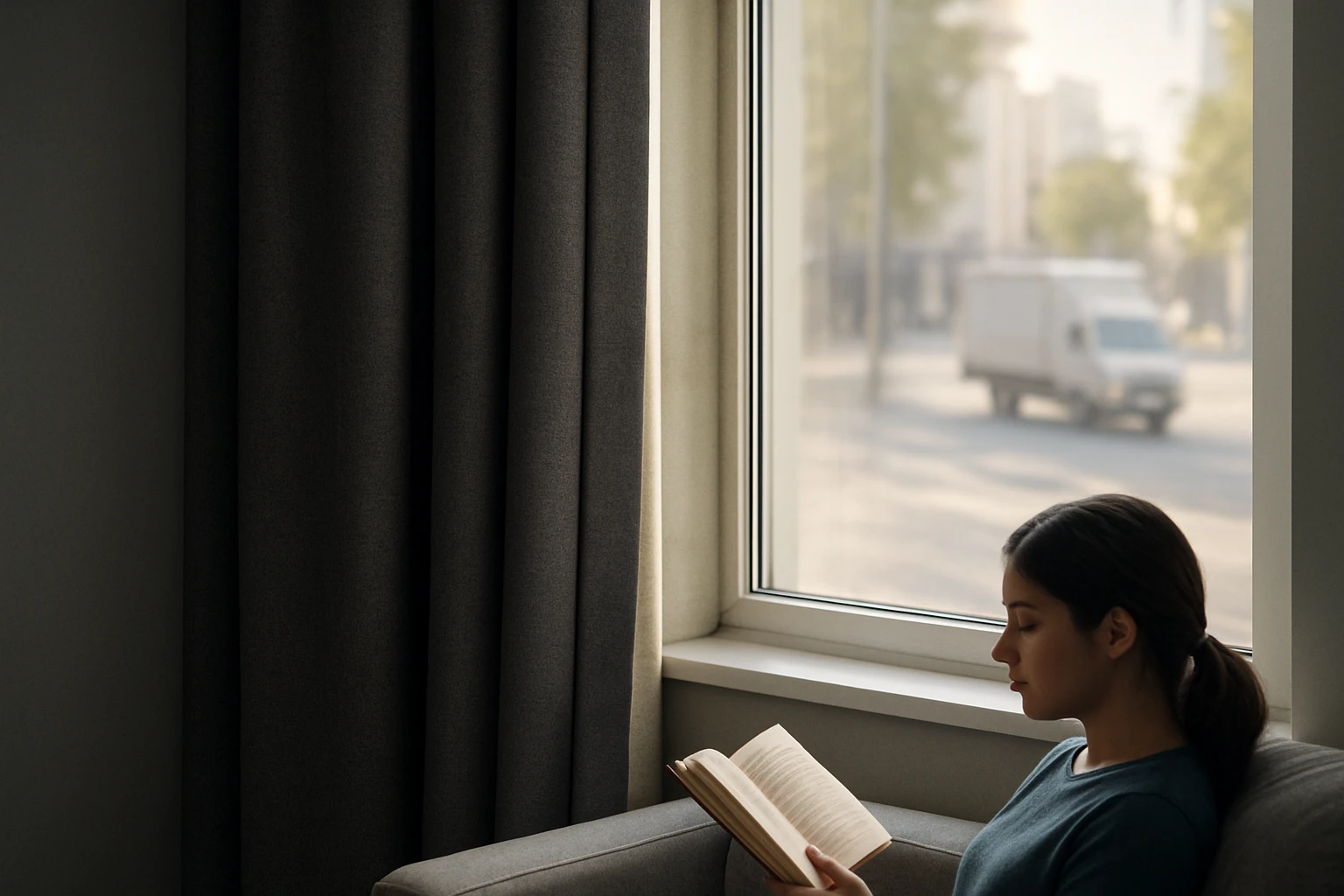Room darkening curtains reducing heat and noise