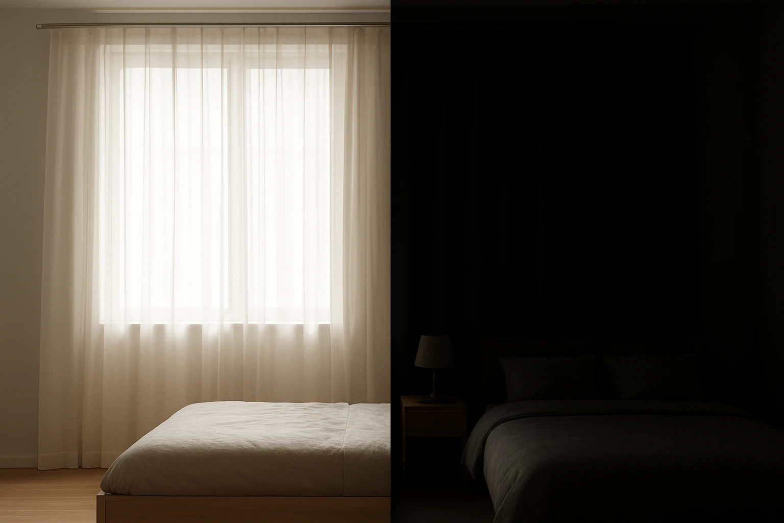 Sheer and blackout curtains split view