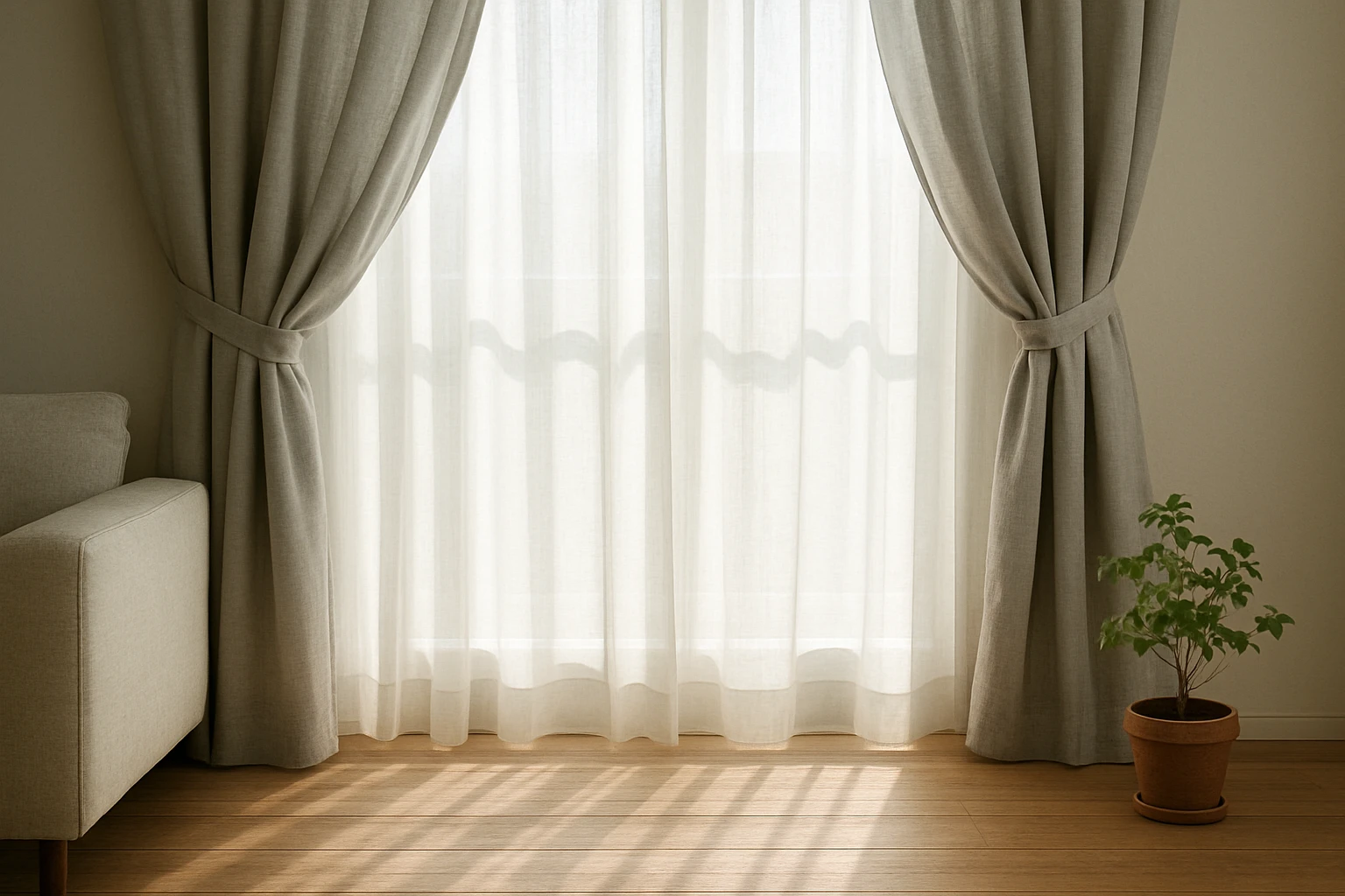 Sheer layered curtains with gray drapes