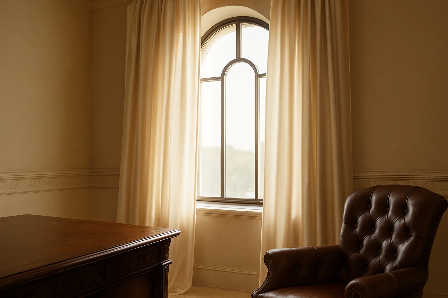 Silk curtains pooled in formal study