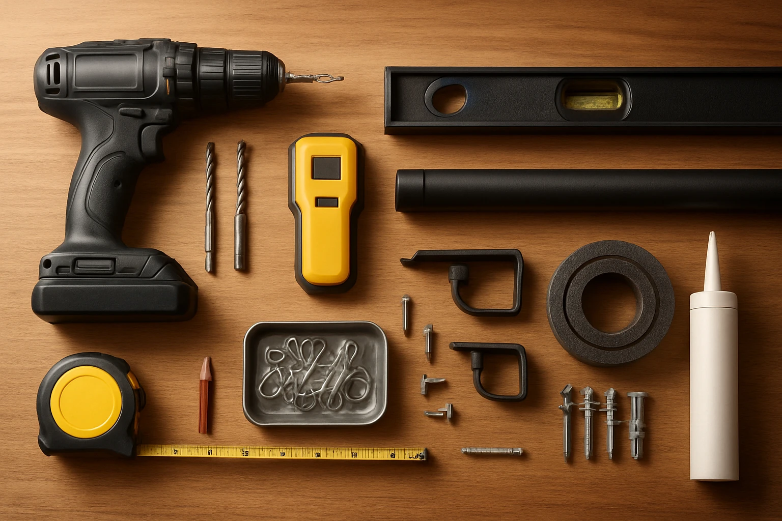 Soundproof curtain installation tools on workbench